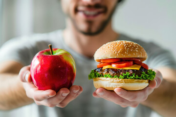 Man is holding an apple and a cheeseburger, showing the choice between healthy food and fast food