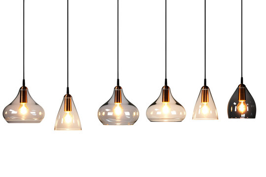 Six Contemporary Glass Pendant Lights Hanging Against a White Background on a Clear PNG or White Background.