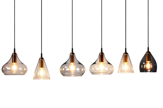 Six Contemporary Glass Pendant Lights Hanging Against a White Background on a Clear PNG or White Background.