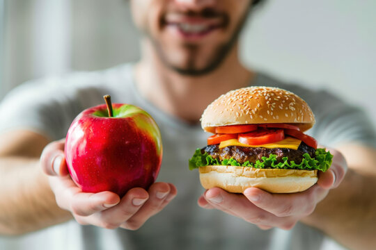 Man is holding an apple and a cheeseburger, showing the choice between healthy food and fast food