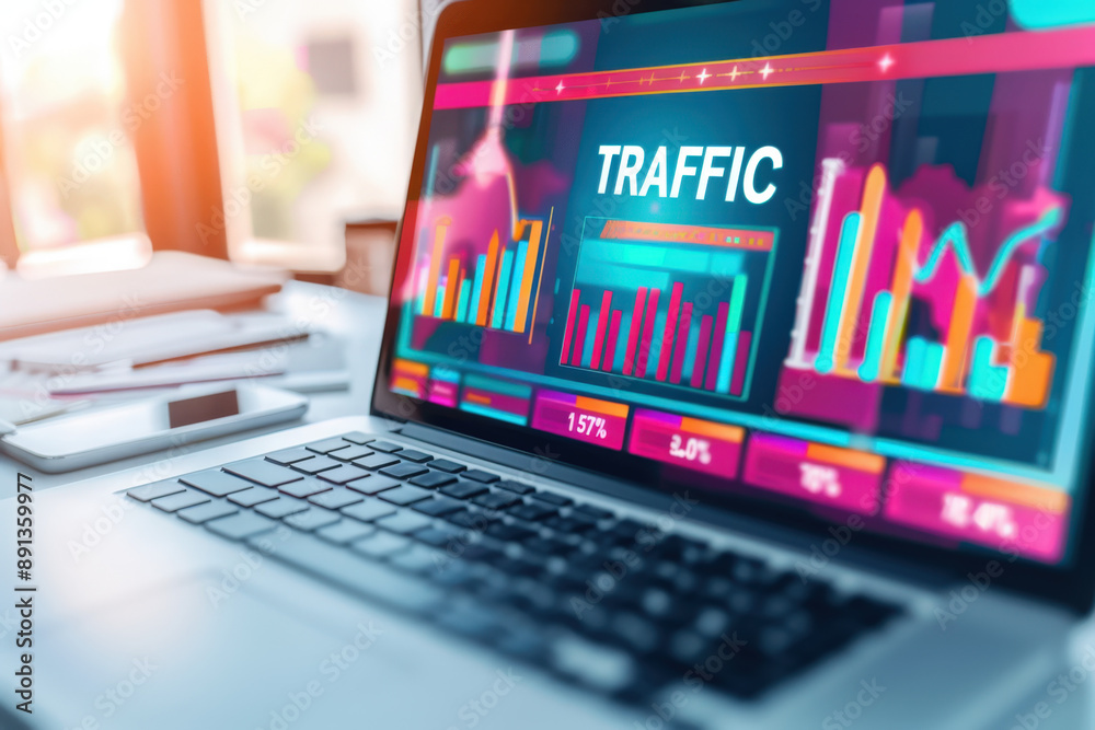 Poster laptop displaying traffic data in the form of colorful charts and graphs is being used by a business