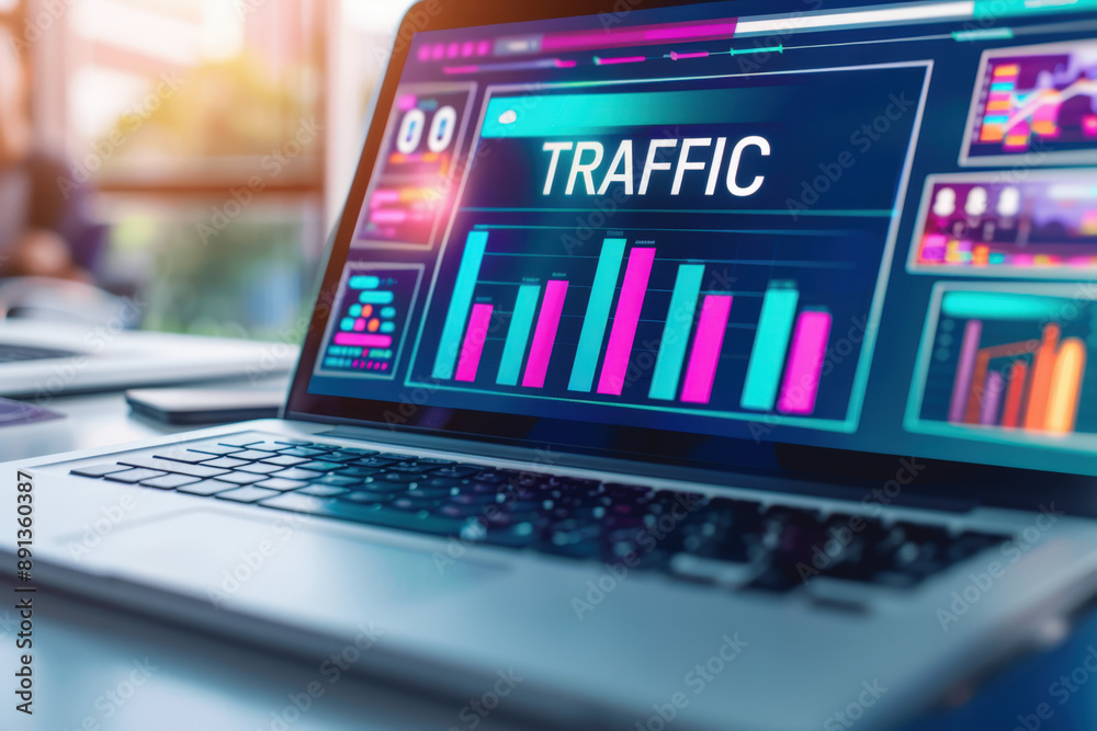 Poster laptop displaying traffic data with colorful charts and graphs is open on a desk in an office