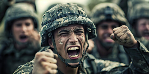 Obraz premium Morale Booster: A spirited soldier leading a chant with their comrades.