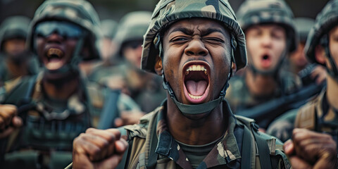 Morale Booster: A spirited soldier leading a chant with their comrades.