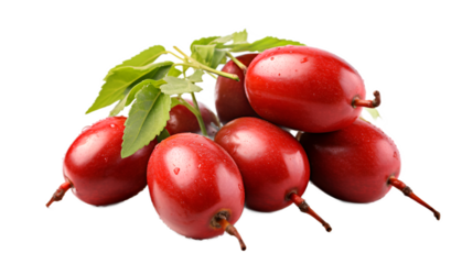 a bunch of cherries with leaves on a white background