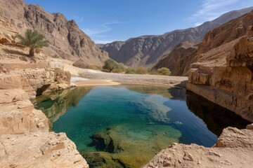 A scenic pool with crystal clear water is nestled in the desert, bordered by rocky formations and sparse vegetation, reflecting the sky and surrounding landscape.