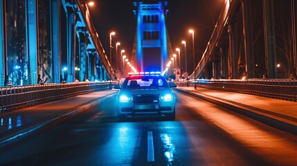 Police Car Crossing Bridge at Night