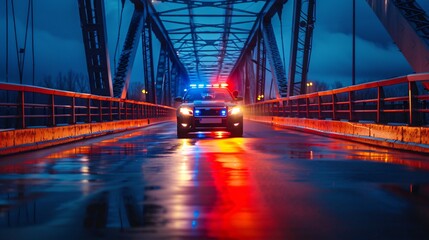 Police Car Speeding Across Bridge at Night