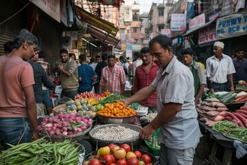 Obraz premium A lively street market scene with a vendor arranging various colorful fresh fruits and vegetables, while customers browse around looking at the produce on display.