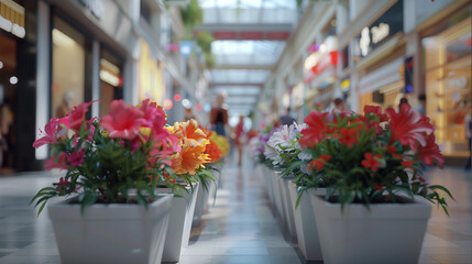 Fototapeta premium a picture in a hall in a shopping mall. along the hall square and rectangular shaped white fibreglass plantpots with colorful realistic flowers. people walk by. the hall is wide and small shops are a