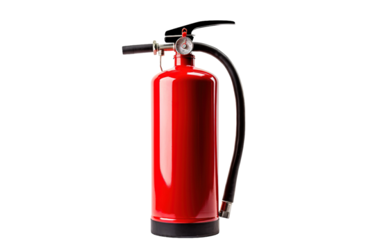 A Crimson Sentinel: A Fire Extinguisher Stands Ready Against a White Background on a Clear PNG or White Background.