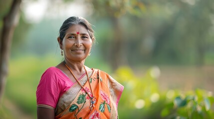 A woman wearing a pink sari with a flower design on it