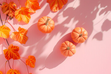 Pumpkins on a light pink background, top view