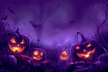 Halloween illustration, purple background, pumpkins, dark, cartoon style for children, high quality photo, free space in the center