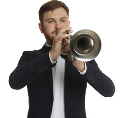 Handsome musician playing trumpet on white background © New Africa