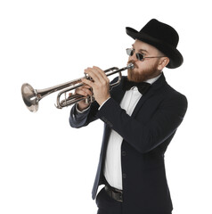 Handsome musician playing trumpet on white background