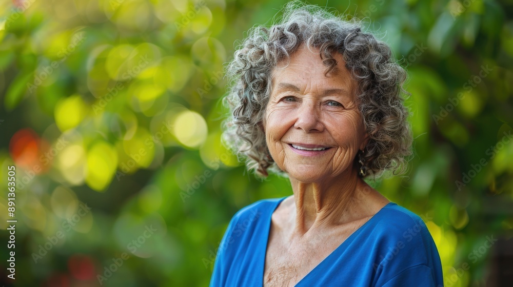 Canvas Prints A woman with gray hair is smiling and wearing a blue shirt