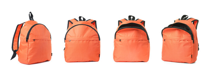 Bright orange backpack isolated on white, view from different sides