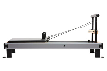 A Modern Pilates Reformer Awaits, Ready for Strength and Flexibility on a Clear PNG or White Background.