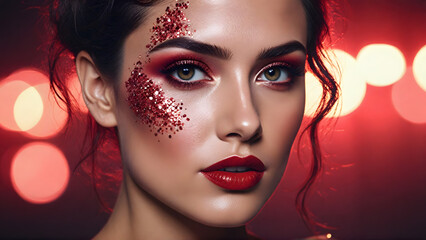 Fototapeta premium stunning asian pretty woman with chiseled features, glitter makeup. illuminated with dynamic composition and dramatic lighting. copy text spac