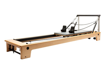 A Natural Wood Pilates Reformer for a Full Body Workout on a Clear PNG or White Background.