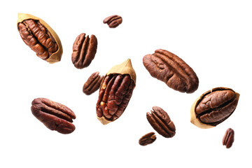 Pecan nuts in air on white background