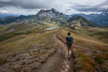 Fototapeta premium A solo hiker walks along a mountain path with trekking poles in hand, surrounded by a vast landscape of rolling hills, lakes, and distant peaks.