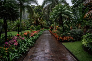 Fototapeta premium A brick pathway winds through a lush tropical garden filled with vibrant flowers and greenery, offering a sense of peace and natural beauty.