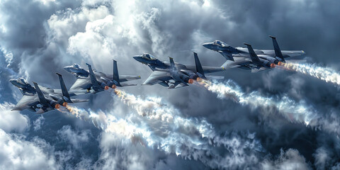 Birds of a Feather: A formation of fighter jets in an aerial display, their wings locked in synchronized flight.