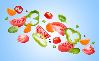 Different vegetables in air on light blue background