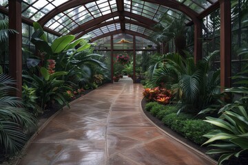A glass-roofed walkway lined with abundant tropical plants, creating a vibrant and exotic atmosphere that blends natural beauty with architectural elegance.