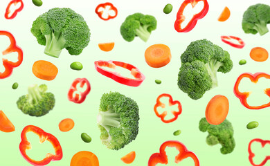 Different vegetables in air on green gradient background