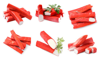 Tasty crab sticks isolated on white, set © New Africa