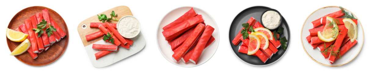 Set of tasty crab sticks isolated on white, top view © New Africa