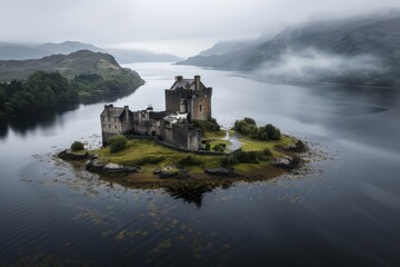 An enchanting historic stone castle located on a small island surrounded by a tranquil lake, with misty mountains in the background adding to its mystical charm.