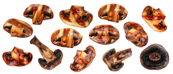 Grilled sliced mushrooms isolated on white, set