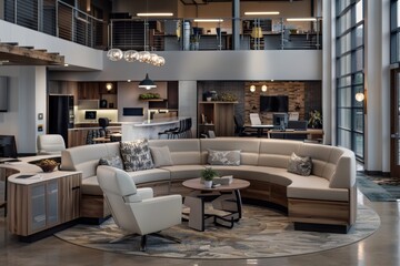 A spacious and modern office lounge features a curved sofa, wooden decor, and large windows, creating an inviting and comfortable space for employees to relax and collaborate.