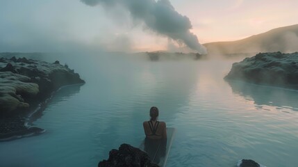 Woman relaxing in a geothermal spa with steaming water, surrounded by a volcanic landscape at sunset