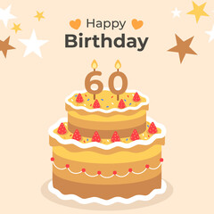 Cake poster design for birthday cake congratulations 60 years old birthday. Festive cake for birthday