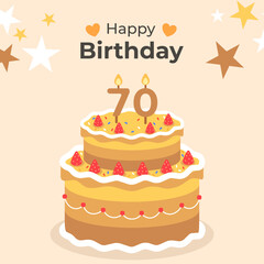 Cake poster design for birthday cake congratulations 70 years old birthday. Festive cake for birthday