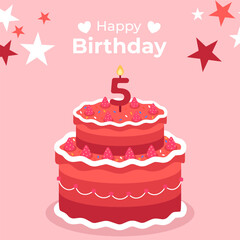 Cake poster design for birthday cake congratulations 5 years old birthday. Festive cake for birthday
