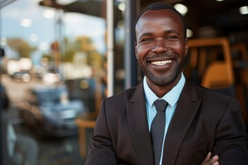 Fototapeta premium A man wearing a formal suit and tie is smiling confidently while standing outside an office building during daytime, exuding a sense of professionalism and positivity.