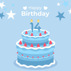 Cake poster design for birthday cake congratulations 14 years old birthday. Festive cake for birthday