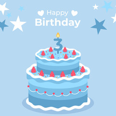 Cake poster design for birthday cake congratulations 3 years old birthday. Festive cake for birthday