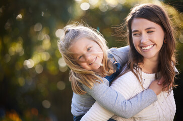 Piggyback, mom or child playing in park for portrait, love or bonding together for single parent or care. Growth, relax or happy mother in nature for support, security or safety with smile or fun kid