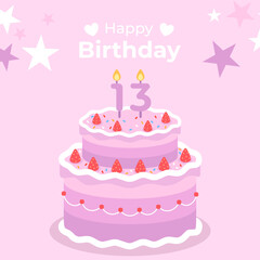 Cake poster design for birthday cake congratulations 13 years old birthday. Festive cake for birthday