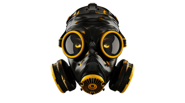 Black gas mask helmet with yellow goggles isolated on transparent background