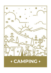 Line illustration of a campground against a mountain background for a t-shirt print. Illustration for clothing print.