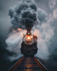 old train rail, locomotive emerging from steam and smoke
