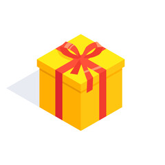 Illustration of yellow square gift box with red bow. Gift box for birthday, holiday, event.
